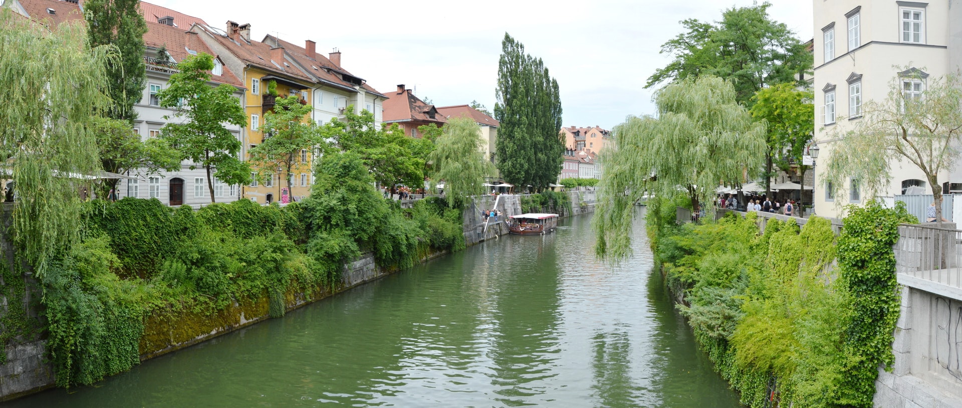 Ljubljanica River in the city centre is lined with greenery