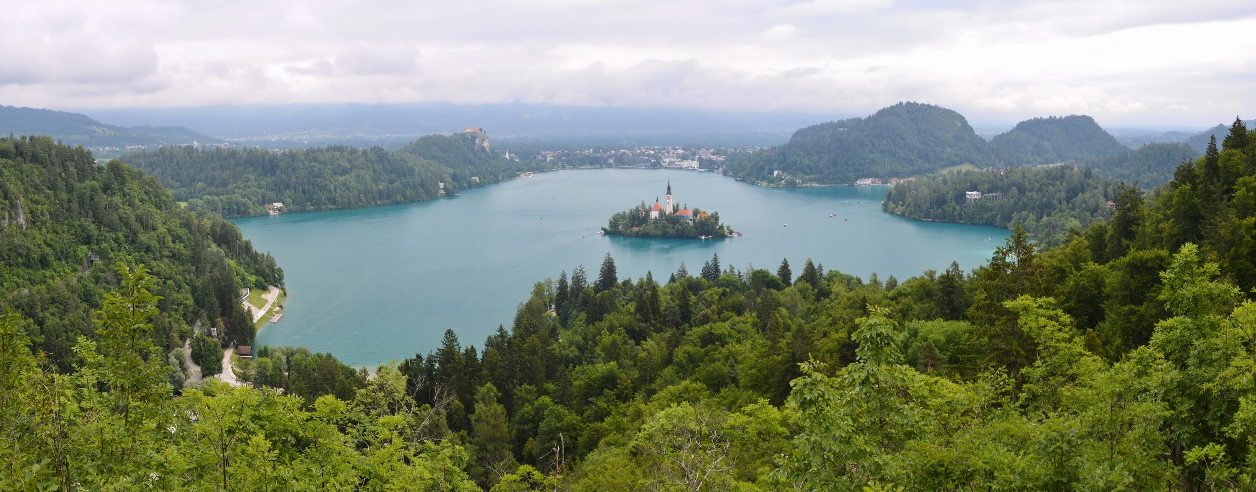 Panoramic view of the entire Lake Bled from Ojstrica viewpoint