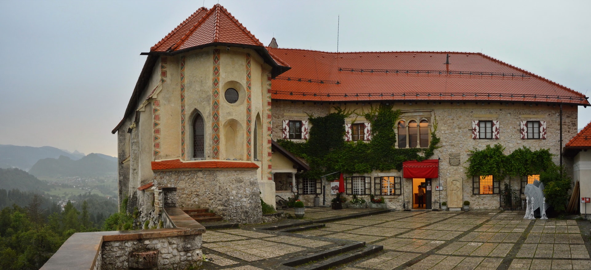 There is a museum and a restaurant in the upper courtyard of the Bled Castle