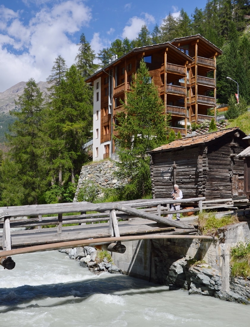 One of the apartment buildings by the Matter Vispa River in Zermatt