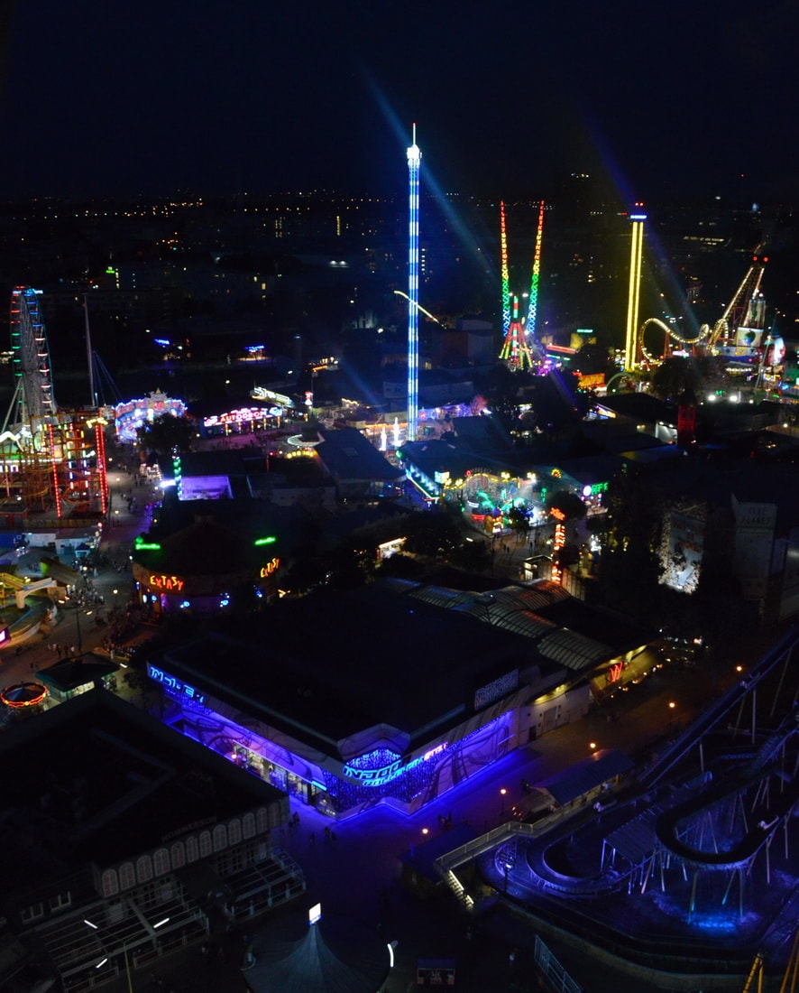 Prater plays with colours at night, view from The Giant Ferris Wheel