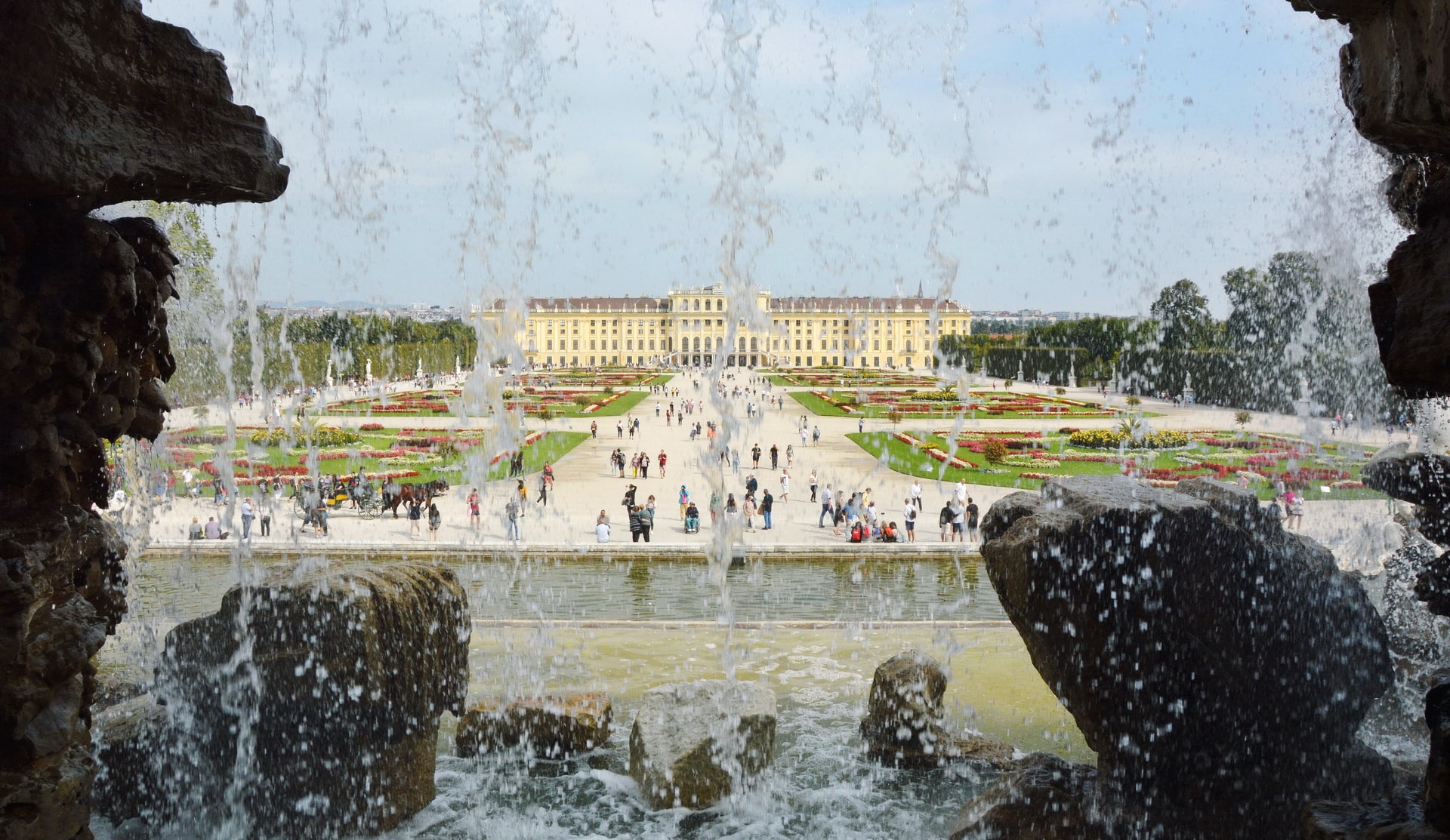 View of the Schönbrunn Palace from behind the Neptune Fountain in the gardens